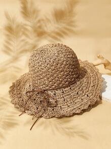 SHEIN VCAY 1pc Ladies' Cute, Basics Woven Texture, Handmade Crochet, Ruffled/Floral Edge Woven Hat, Suitable For Vacation, Picnic, Beach, Casual - Khaki - View 5