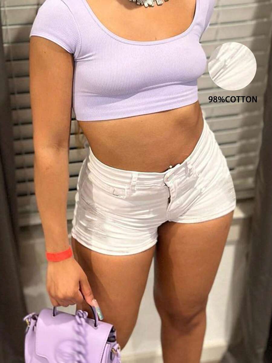 Women's Simple Slim Distressed White Denim Shorts - White - View 1