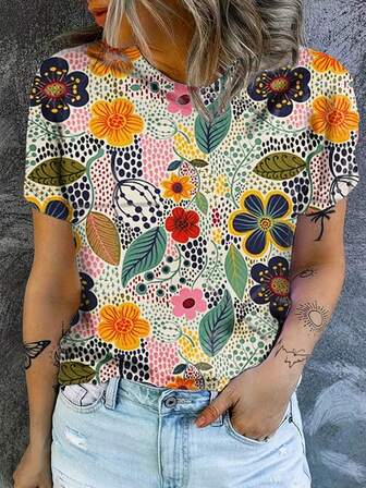 Damen Lässig T-Shirt mit rundem Ausschnitt und kurzen Ärmeln, Blume Muster, Sommer