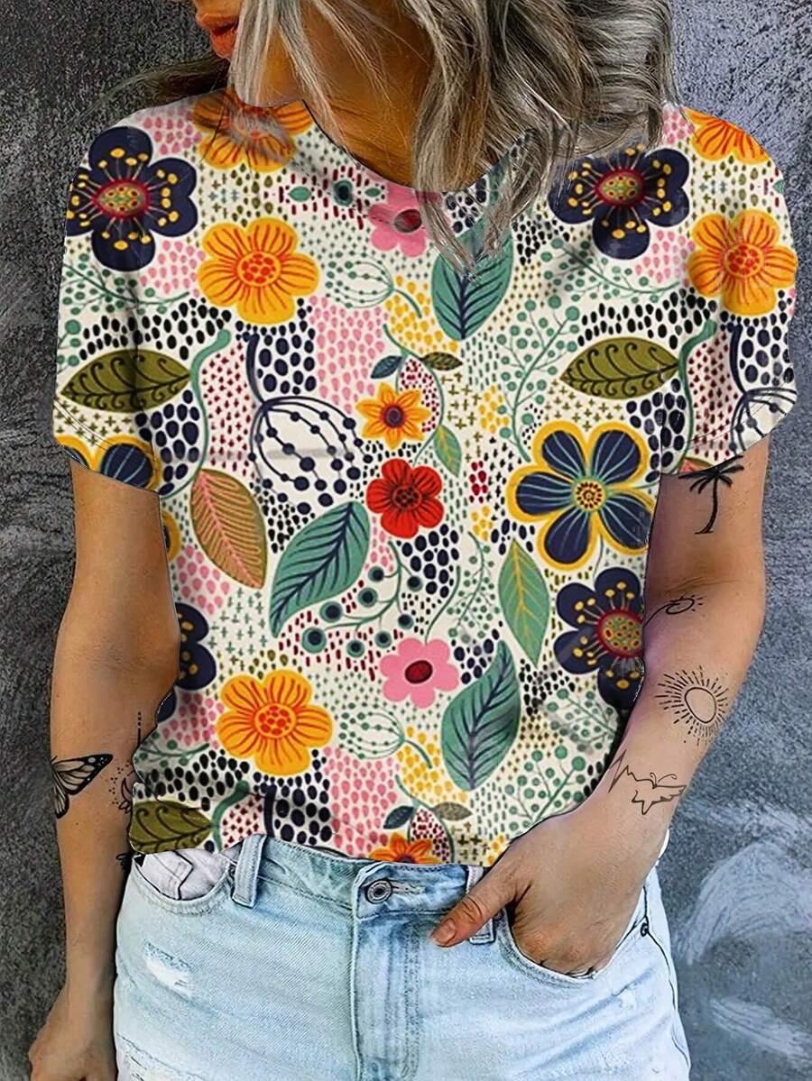 Women's Floral Print Round Neck Short Sleeve Casual T-Shirt, Summer - Multicolor - View 1