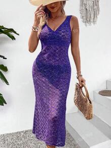 Hollow Out V-Neck Sleeveless Knitted Coverup Dress For Vacation