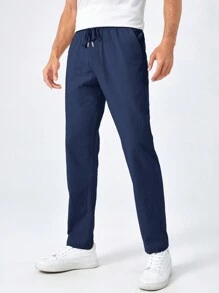Manfinity VCAY Men Solid Color Drawstring Waist Pocketed Knit Casual Pants, Fall - Navy Blue - View 4