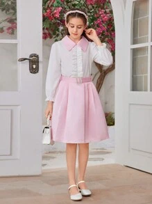 SHEIN Bộ áo sơ mi dài tay và chân váy xếp ly Tween Girl Color Block kèm thắt lưng sáng bóng, 2 chiếc nữ tính - Hồng - Xem 6