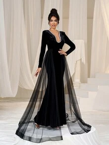 Faeriesty Pearl Decorated Mermaid Hem Mesh Overlay Velvet Formal Dress - Black - View 6