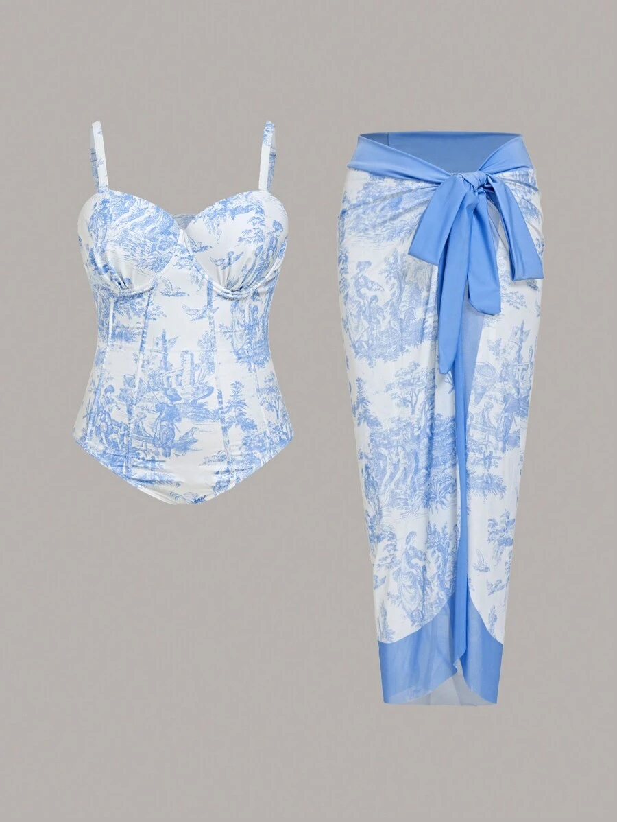 SHEIN Swim Curve 大码随机印花时尚连体泳衣，带罩衫，模压罩杯，钢圈和钢圈，2 件夏季 - 藍白色 - 查看 1