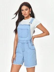 SHEIN EZwear Coolmax Women Raw Hem Short Denim Overalls - Light Wash - View 4