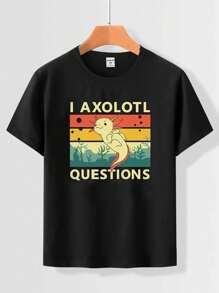 SHEIN 少年男童卡通魚和字母印花基礎款圓領短袖T卹，夏季款 - 黑色 - 查看 1