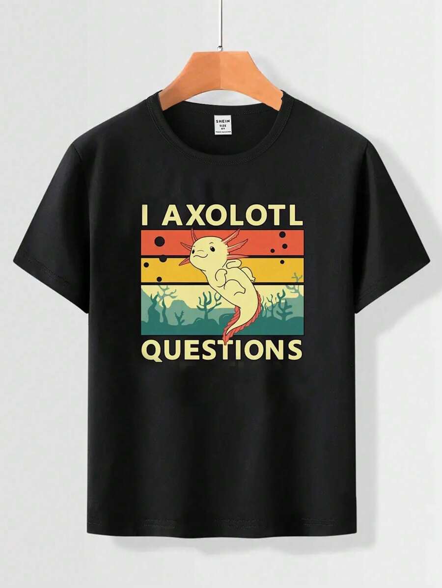 SHEIN 少年男童卡通魚和字母印花基礎款圓領短袖T卹,夏季款 - 黑色 - 查看 1