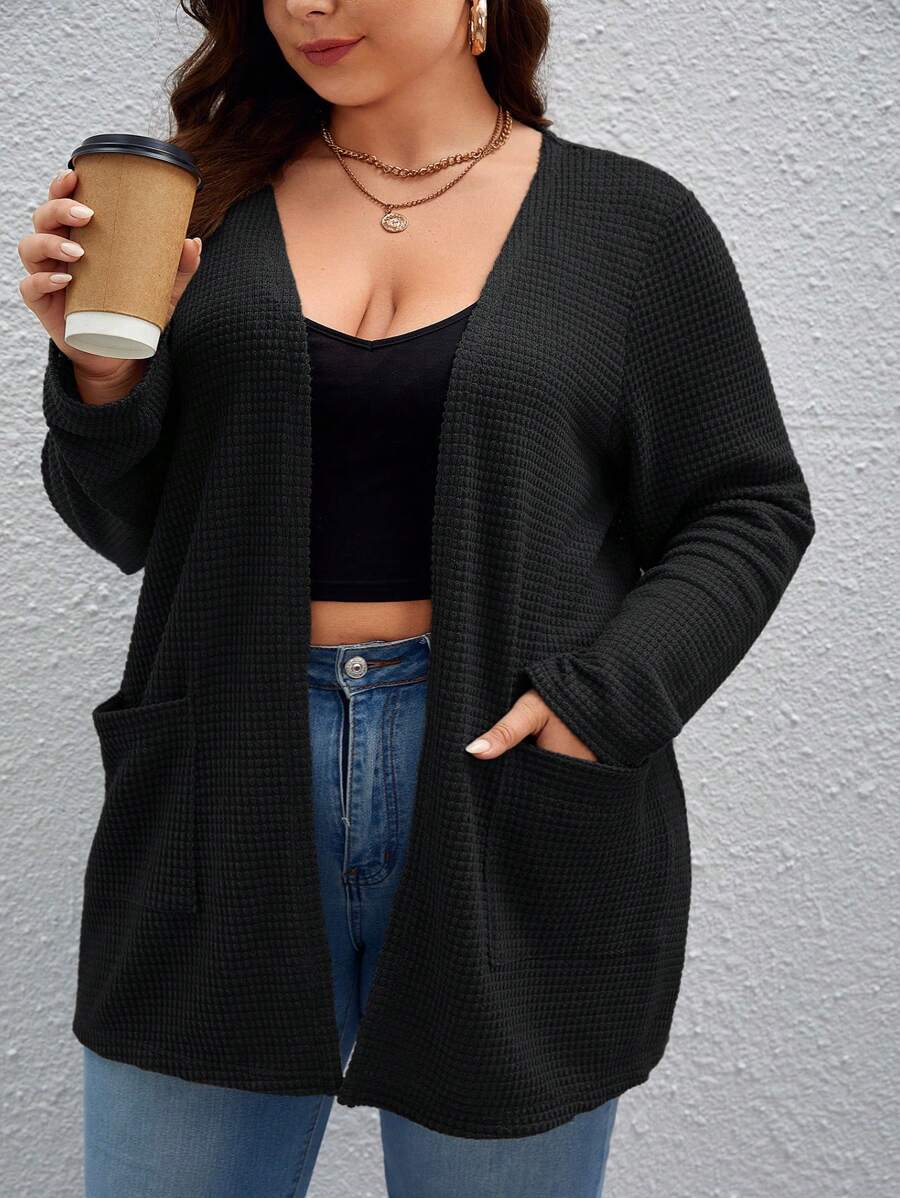 SHEIN CURVE+ Mais 1 peça de casaco de malha waffle com bolso duplo e ombros caídos, frente aberta, outono/inverno
