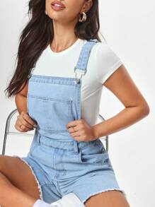 SHEIN EZwear Coolmax Women Raw Hem Short Denim Overalls - Light Wash - View 6