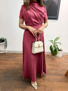 Modelyn 女士簡約純色短袖日常裙 - 粉色 - 查看 4