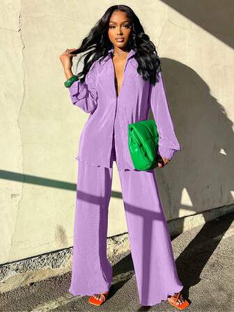 Fashionable Casual Pleated Shirt And Ruffle Palazzo Pants 2pcs Women's Outfit