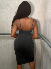 Slaydiva Casual Black Washed Rib-Knit  Middle Bodycon Cami Dress