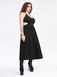 ROMWE Goth 性感哥特镂空二合一大码露背开衩连衣裙，夏季 - 黑色 - 查看 4
