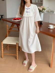 DAZY Chinese Style Home Dress With Frog Button And Frill Trim Pajama - White - View 6