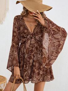 SHEIN VCAY Mono vestido tejido con estampado, cuello en V, lazo frontal y mangas de campana para mujeres, vestido casual para mujeres