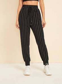SHEIN EZwear Drawstring Waist Slant Pocket Striped Carrot Trousers - Black - View 1