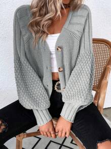 SHEIN LUNE Women's V-Neck Solid Color Lantern Sleeve Casual Cardigan - Light Grey - View 4