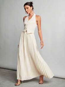 SHEIN Tall Solid Color Single Breasted Vest And Pleated Skirt Two Pieces Set - Apricot - View 3
