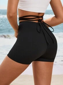 SHEIN Cheerettes Women's Solid Color Hollow Out Waist Pleated Daily Fitness Sport Shorts Spandex Short - Black - View 2