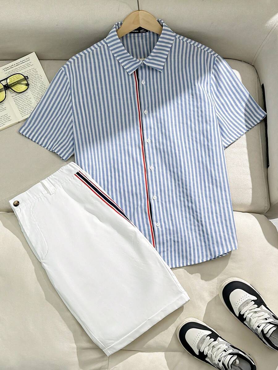 Manfinity VCAY Woven Men's Fashionable Daily Young Casual Striped Slim Fit Short Sleeve Shirt With Elastic Waistband - Multicolor - View 1