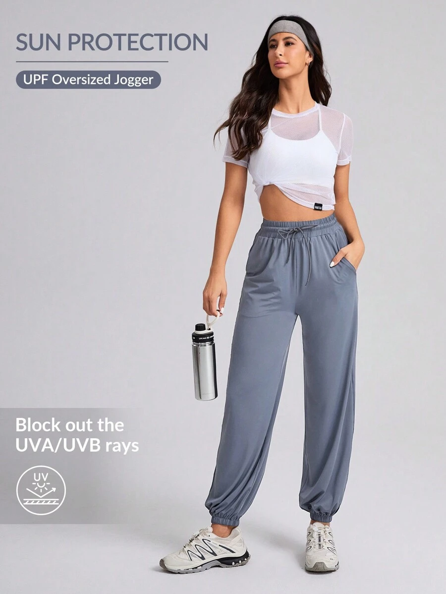 Easithlete Women's Solid Drawstring Waist Pocket Casual Sports Sun Protection Long Pants - Grey - View 1