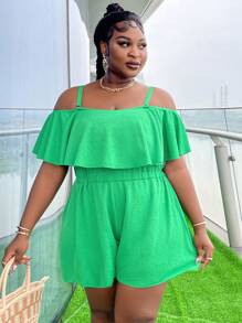 SHEIN Slayr Plus Size Summer Solid Color Open Shoulder One-Piece Swimsuit For Beach - Green - View 1