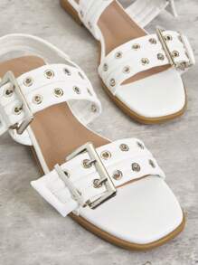 SHUZIA Women's Perfect Replica Square Toe Sandals - Chunky Grommets, Oversized Buckles, Angular Silhouette, Sophisticated + Fearless Punk