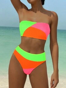 Conjunto de bikini sexy de traje de baño de bandeau a color bloque neón para mujer de verano