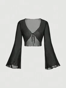 SHEIN MOD V-Neck Tie Front Bell Sleeve Versatile Top