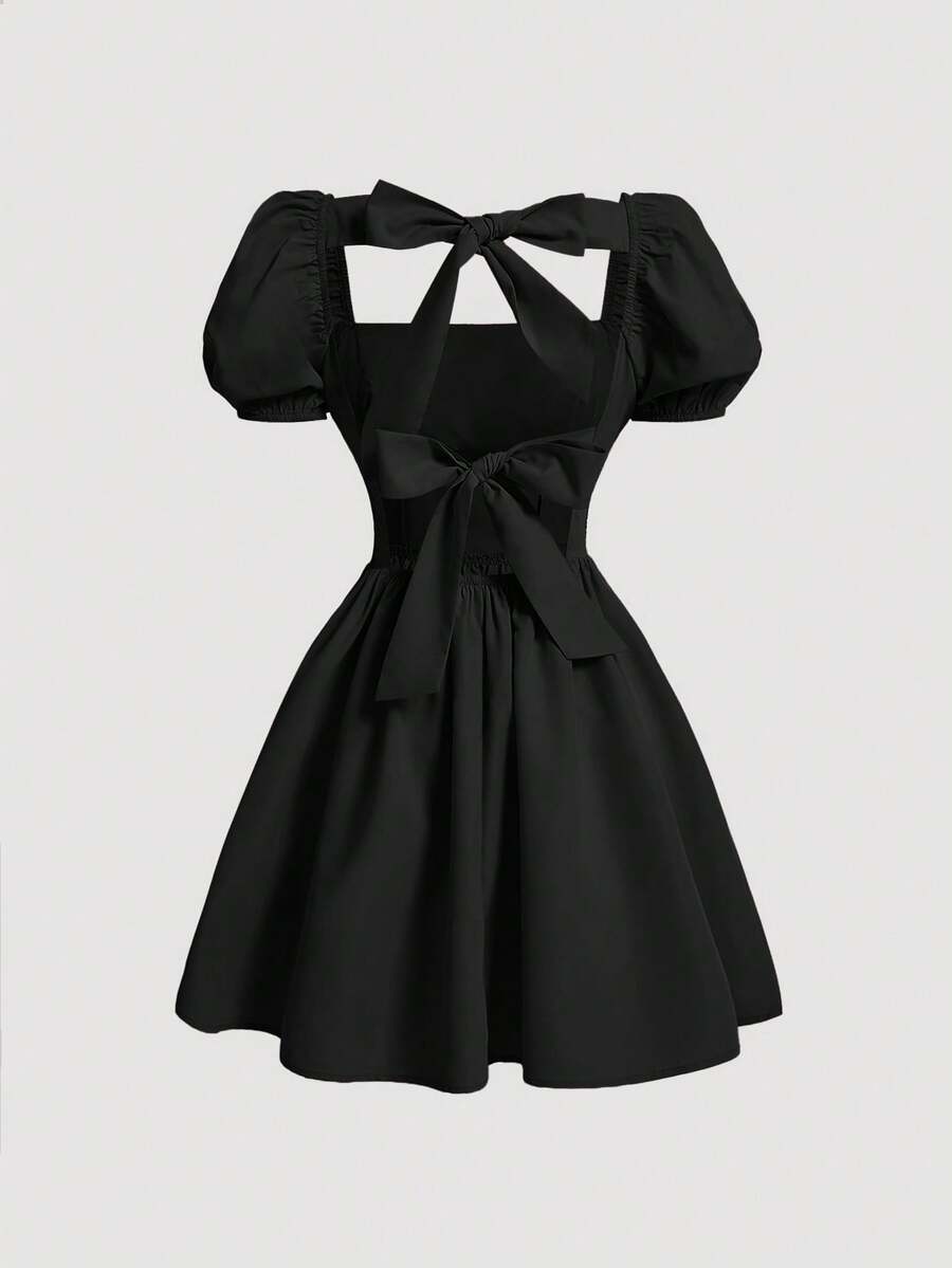 SHEIN MOD Vestido de dama de unicolor con lazo atado a la espalda - Negro - Ver 1
