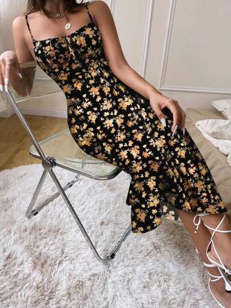 Pariaura Ladies' Elegant Front Tie Strap Ditsy Floral Dress Maxi Women Outfit