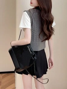 Solid Color Textured V-Neck Cardigan Sweater Vest - Grey - View 2