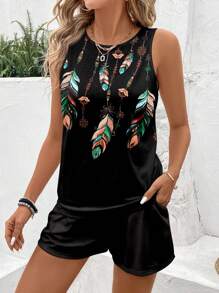 SHEIN LUNE Conjunto de 2 piezas con top corto sin mangas con estampado de plumas y top tipo camiseta de talla grande, apropiado para el verano