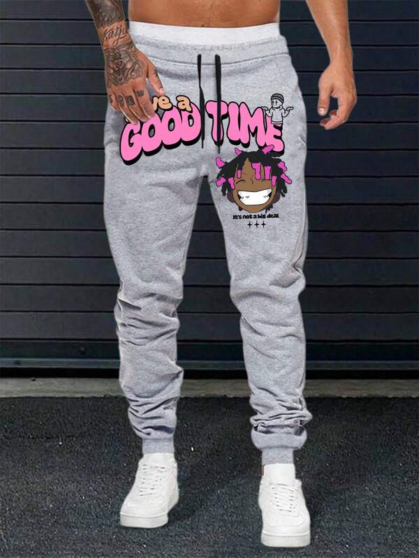 Manfinity Homme Men's Cartoon & Letter Graphic Drawstring Waist Casual Sweatpants With Pockets, Going Out Long Baggy Sweatpants, For Husband, Boyfriend Gifts, For Rave