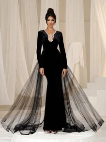 Faeriesty Pearl Decorated Mermaid Hem Mesh Overlay Velvet Formal Dress - Black - View 1