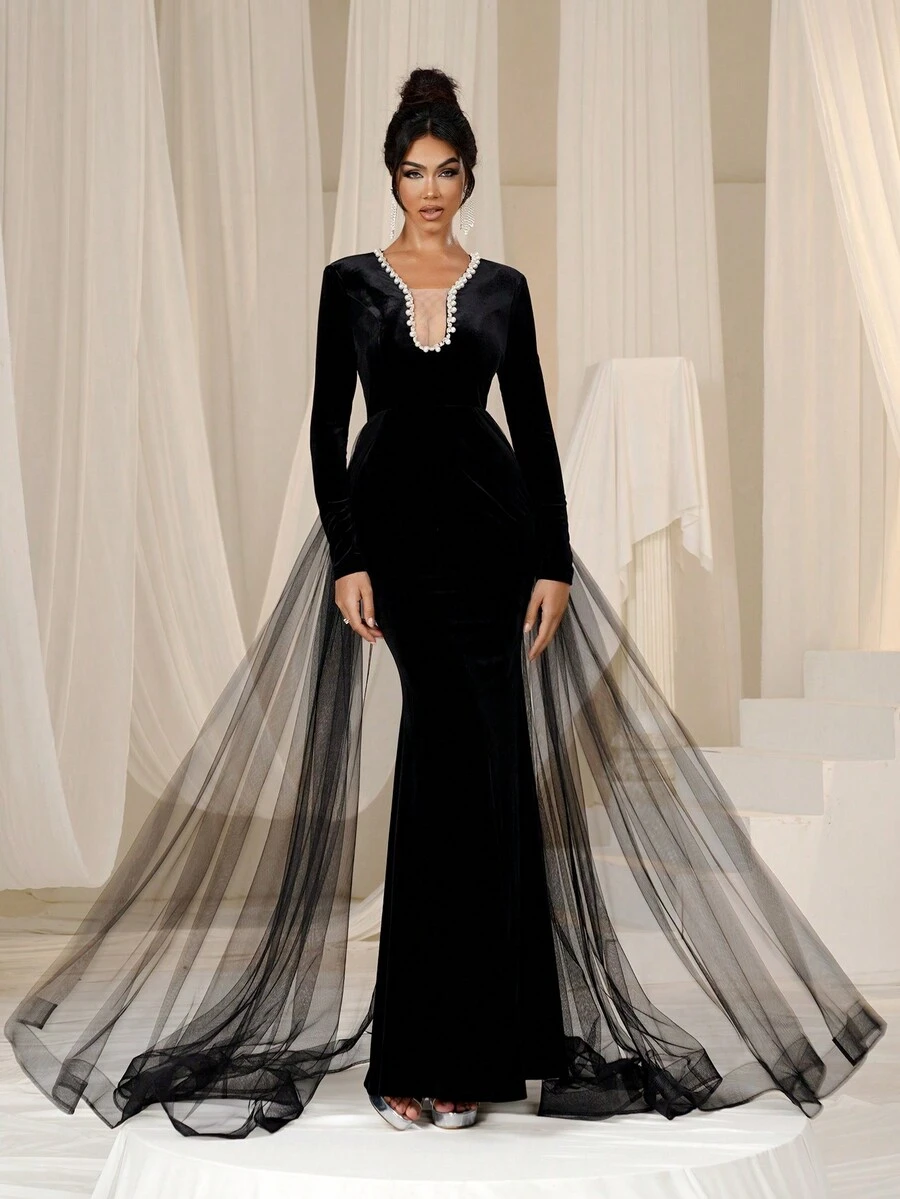 Faeriesty Pearl Decorated Mermaid Hem Mesh Overlay Velvet Formal Dress - Black - View 1