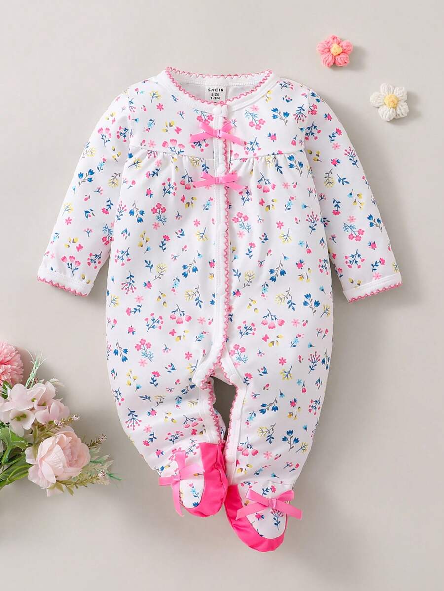 SHEIN Baby Girls' Flower Ballet Shoes Printed Sleepsuit - Multicolor - View 1