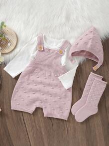 Baby Girls' Pink Casual Simple Comfortable Soft Jumpsuit With Hat, Socks & Sweater 3-Piece Set, Knitted Baby Girl Clothes, Newborn Baby Girl Knitted Outfits, Baby Girl Winter Clothes Set, Baby Girl Knitted Overalls, Baby Girl Sweater Outfits