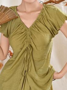 Mulvari Ensemble 2 pièces top et jupe d''été de couleur unie avec encolure en V, cordons de serrage et froncée pour femme