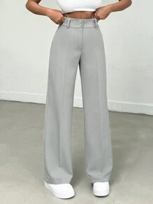 SHEIN Cottnline Plus Size Women's Solid Color Elegant High Waist Straight Leg Pants, With Pleats And Button Decoration At Waist - Grey - View 6
