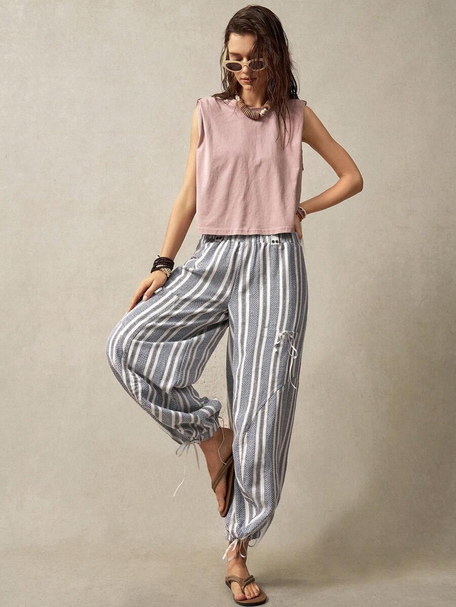 Bohemela Quần Jogger sọc dọc dáng rộng màu xám dành cho nữ dành cho kỳ nghỉ - Nhiều màu - Xem 1