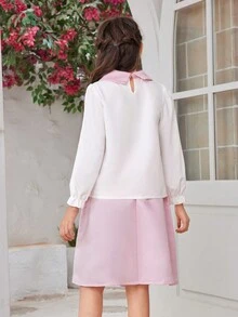 SHEIN Bộ áo sơ mi dài tay và chân váy xếp ly Tween Girl Color Block kèm thắt lưng sáng bóng, 2 chiếc nữ tính - Hồng - Xem 2