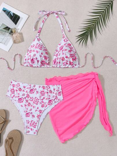 Swim Mod Conjunto de bikini de 3 piezas talla grande para mujer, estampado aleatorio, estilo sencillo para uso diario en verano y playa