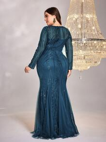 Plus Size XUIBOL High-Quality Elastic Sequin , Very Comfortable To Wear, Suitable For Different Body Wear, With A Perspective Round Neck Long Sleeved Slim Fit Fishtail Hem Featuring A Unique Design,Solid Color Ladies Wear Elegant And Luxurious Long Dress, Making Women Younger And More Charming,Suitable For Various Parties, Graduations, Weddings, Events And Various Banquets And Dancing Parties,Formal Ball Gown For Women,Prom Dress,Mother's Bridesmaid Dress(2025 Fashionable And Style) Evening Wedding Guest Dress, For Dinner - Teal Blue - View 6