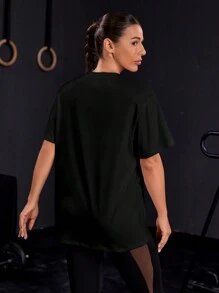 Powerista Loose Fit Letter Print Short Sleeve Sports Tank Top Gym Women Shirts - Black - View 2