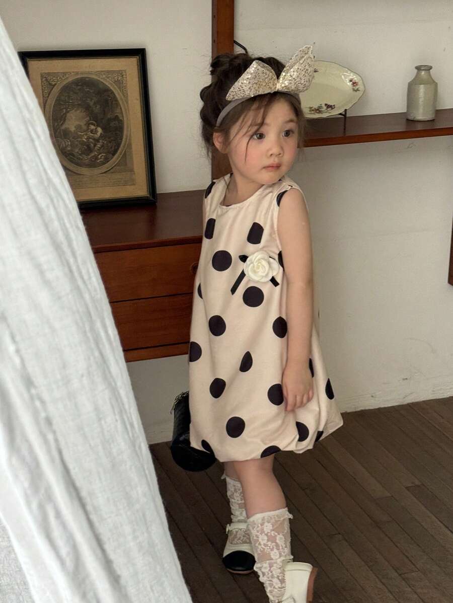 SHEIN Baby Girls' Summer Polka Dot Princess Dress, Fashionable Sleeveless Outfit - Apricot - View 1