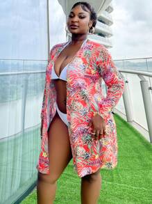 SHEIN Swim Curve Plus Size Casual Printed Kimono Cover Up, Ideal For Beach Vacation Outfits Summer