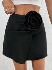 Chiquease 女士夏季優雅純色 3D 花卉裝飾裹身裙 - 黑色 - 查看 6