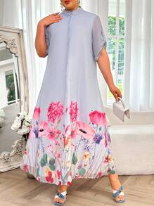 Al Najma Plus Size Women's Printed Simple Daily Clothing Dress - Blue - View 1